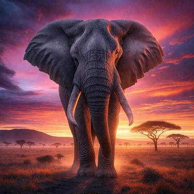 The primary subject of the image is a large elephant standing in a field. The elephant is the main focus of the image, and it appears to be the center of attention. The setting is a field with trees in the background, creating a natural and serene environment. The visual style of the image is a combination of photo and digital art, giving it a unique and artistic appearance. The colors and mood of the image are predominantly warm and inviting, with the sunset in the background adding to the overall